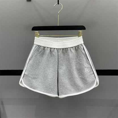 Elastic waist contrast color casual shorts for women 2025 summer new letter embroidery running sports A-line wide-leg hot pants
