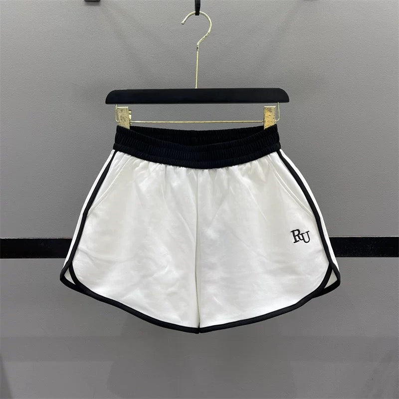Elastic waist contrast color casual shorts for women 2025 summer new letter embroidery running sports A-line wide-leg hot pants