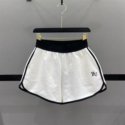 Elastic waist contrast color casual shorts for women 2025 summer new letter embroidery running sports A-line wide-leg hot pants