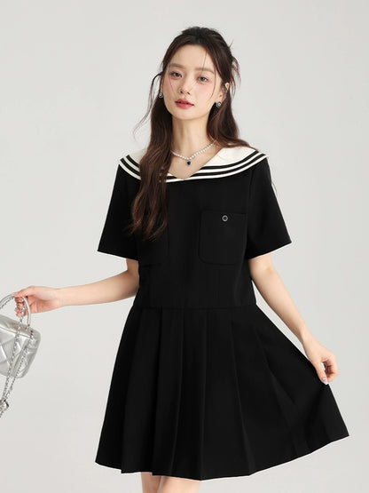 Love Rose Large Size Doll Collar Short Sleeve Dress Women's High-Quality A-Line Skirt Women's 2024 New Summer Pleated Skirt