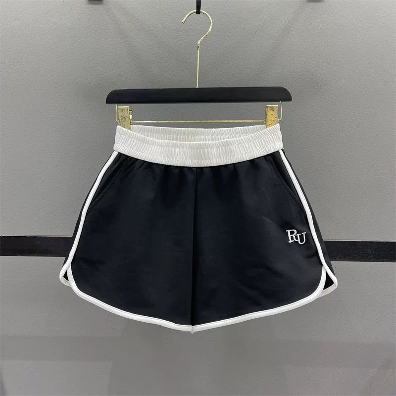 Elastic waist contrast color casual shorts for women 2025 summer new letter embroidery running sports A-line wide-leg hot pants