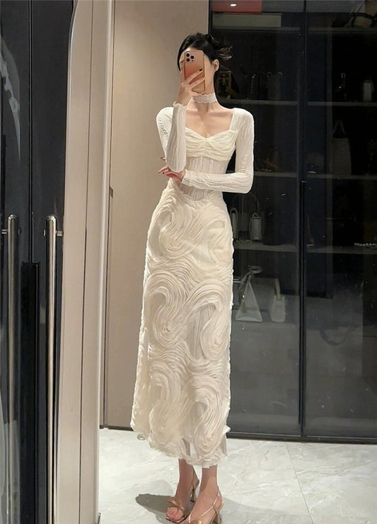 French romantic white textured splicing square collar knitted dress for women in autumn and winter slimming fairy dress