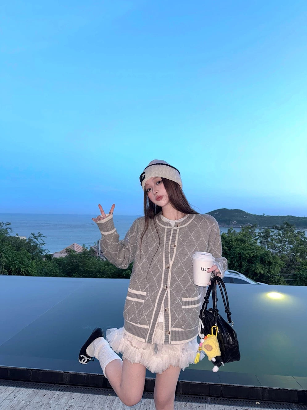 Kumikumi sweet style contrast color diamond round neck knitted cardigan women's autumn age-reducing soft and loose sweater jacket