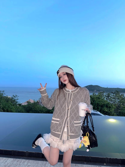 Kumikumi sweet style contrast color diamond round neck knitted cardigan women's autumn age-reducing soft and loose sweater jacket