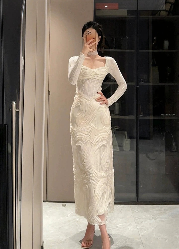 French romantic white textured splicing square collar knitted dress for women in autumn and winter slimming fairy dress