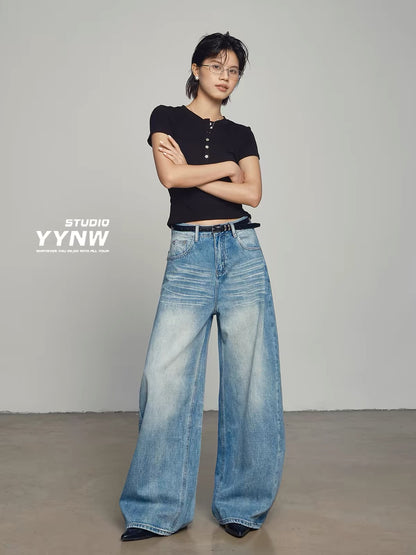 Women's American-style vintage washed wide-leg jeans (Summer 2026 new arrival): a unique, loose-fitting, and slimming floor-length design.