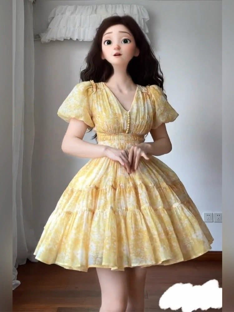 Fat mm French tea break puff sleeve v-neck floral dress female summer large size high-end waist princess puffy skirt