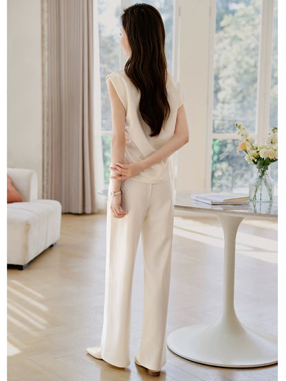 Mohan Yimei fashionable commuting sleeveless T-shirt elastic trousers versatile suit 2024 summer new casual two-piece set
