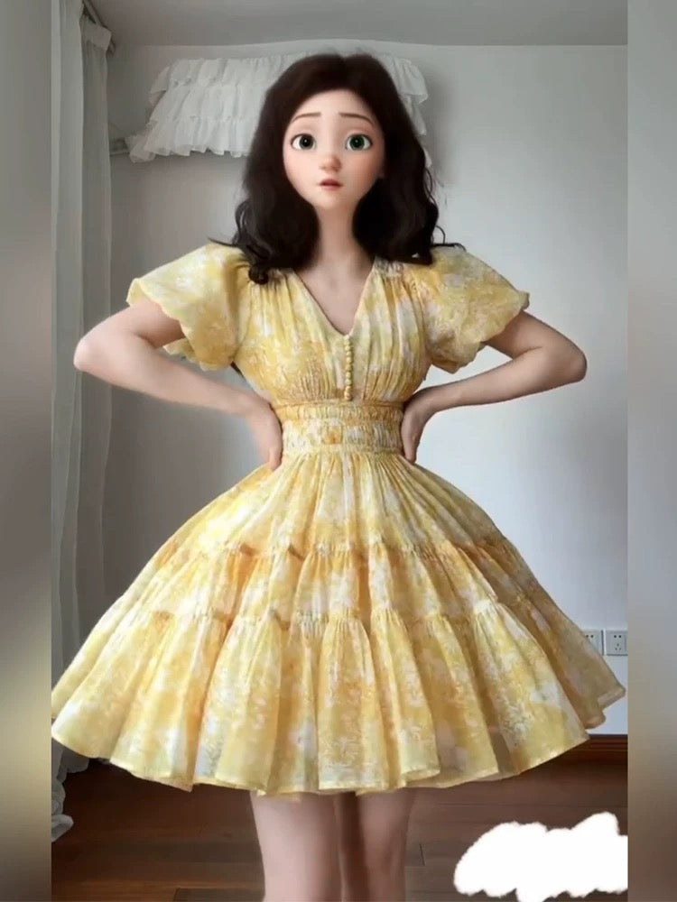 Fat mm French tea break puff sleeve v-neck floral dress female summer large size high-end waist princess puffy skirt