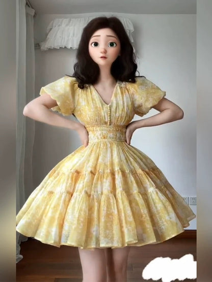 Fat mm French tea break puff sleeve v-neck floral dress female summer large size high-end waist princess puffy skirt