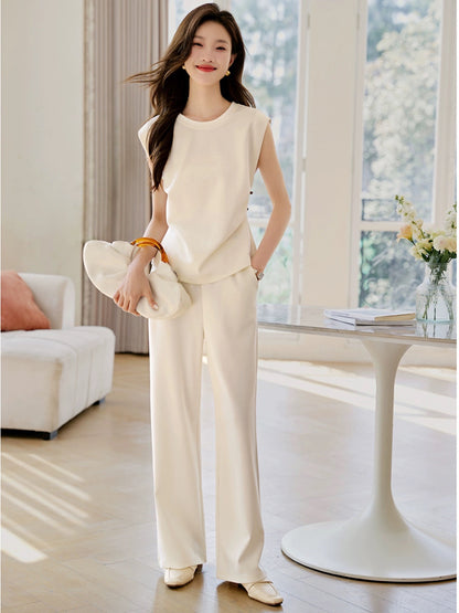 Mohan Yimei fashionable commuting sleeveless T-shirt elastic trousers versatile suit 2024 summer new casual two-piece set