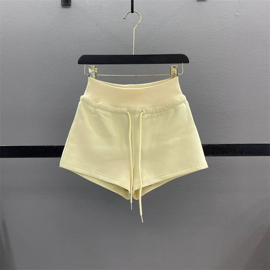 Yellow casual sports shorts women 2025 summer American sexy hot girl high waist drawstring A-line wide leg pants hot pants