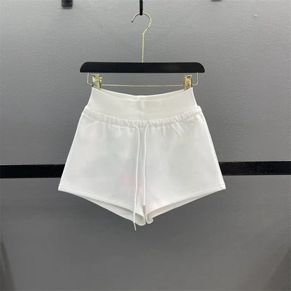 Yellow casual sports shorts women 2025 summer American sexy hot girl high waist drawstring A-line wide leg pants hot pants