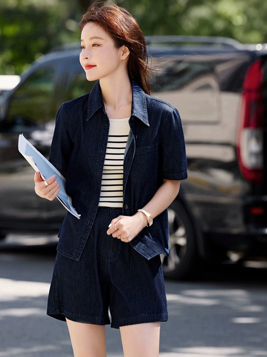 Mohan Yimei retro street style age-reducing loose short-sleeved denim suit 2024 summer new shirt and shorts two-piece set