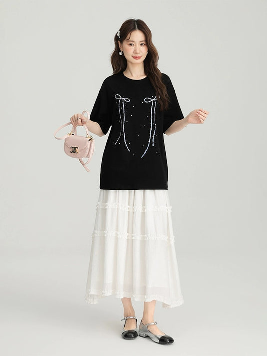 Love Rose large size fat mm bow printed short-sleeved T-shirt 2024 new summer fashionable and sweet top
