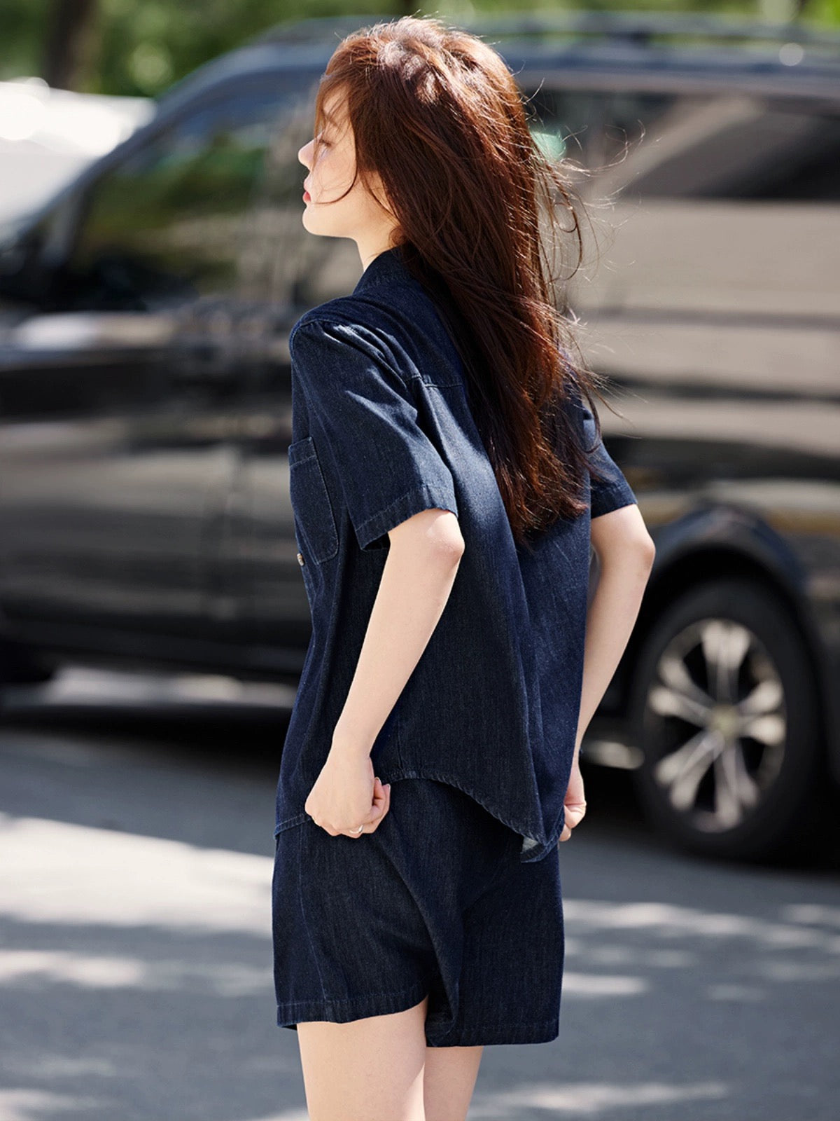 Mohan Yimei retro street style age-reducing loose short-sleeved denim suit 2024 summer new shirt and shorts two-piece set
