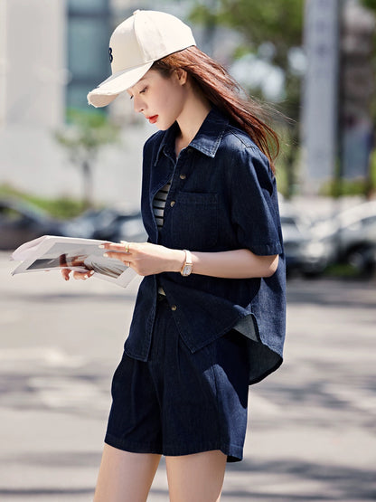 Mohan Yimei retro street style age-reducing loose short-sleeved denim suit 2024 summer new shirt and shorts two-piece set