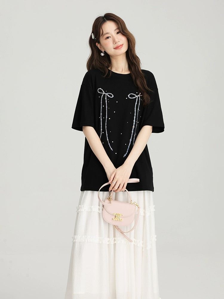 Love Rose large size fat mm bow printed short-sleeved T-shirt 2024 new summer fashionable and sweet top
