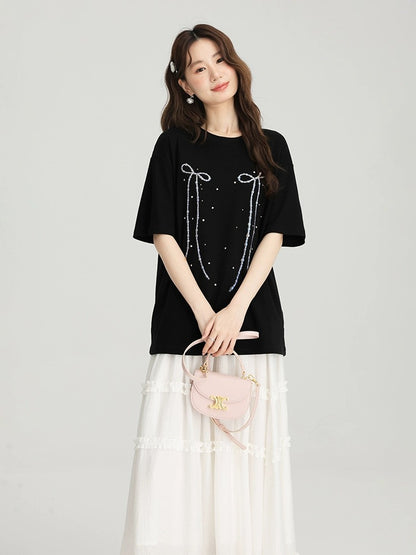 Love Rose large size fat mm bow printed short-sleeved T-shirt 2024 new summer fashionable and sweet top