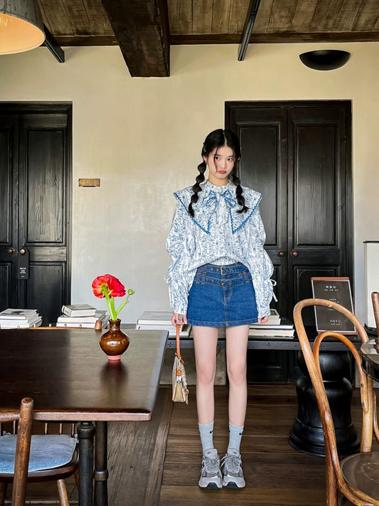 Gula Liangpin original "Lily of the Valley Bunny" design niche top doll collar puff sleeve blue shirt for women
