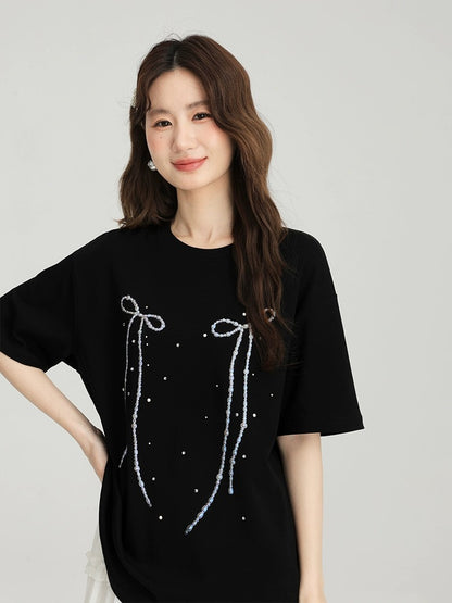 Love Rose large size fat mm bow printed short-sleeved T-shirt 2024 new summer fashionable and sweet top