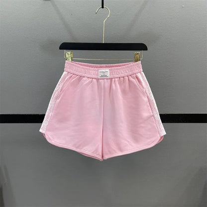 Pink lace splicing sports shorts women 2025 summer new high waist slim A-line wide leg casual pants hot pants