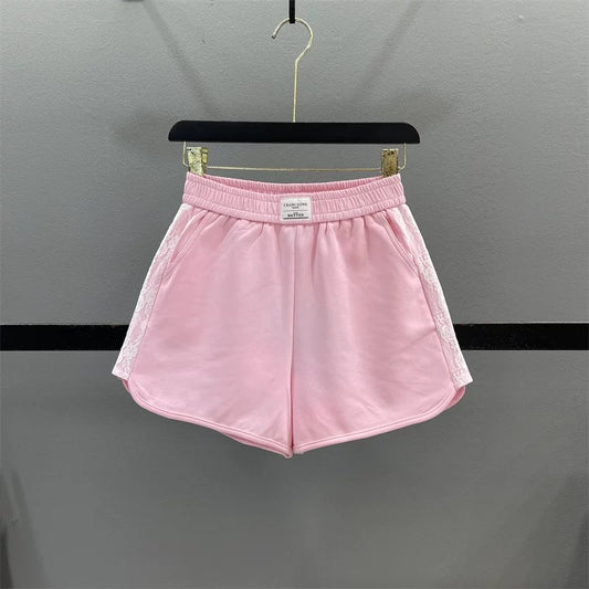 Pink lace splicing sports shorts women 2025 summer new high waist slim A-line wide leg casual pants hot pants