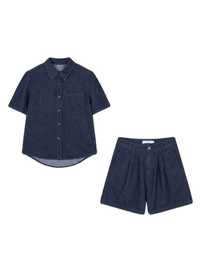 Mohan Yimei retro street style age-reducing loose short-sleeved denim suit 2024 summer new shirt and shorts two-piece set