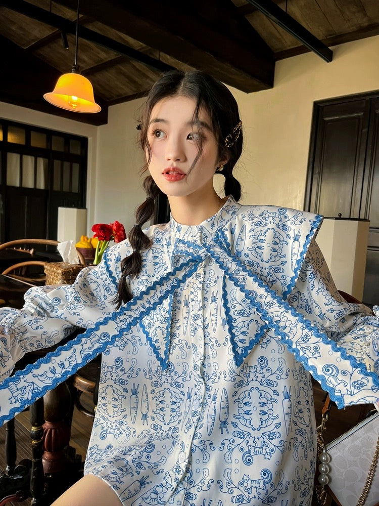 Gula Liangpin original "Lily of the Valley Bunny" design niche top doll collar puff sleeve blue shirt for women