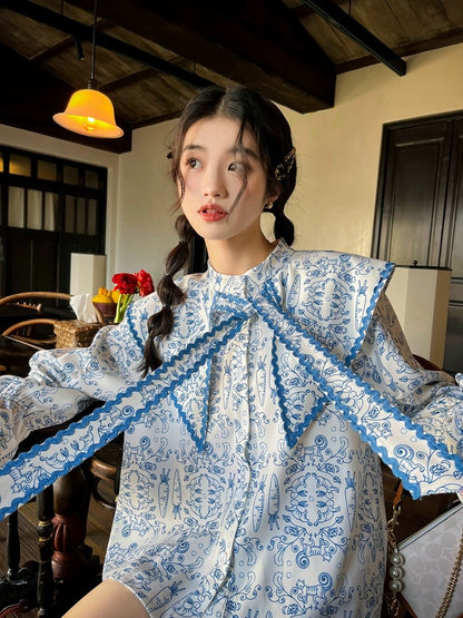 Gula Liangpin original "Lily of the Valley Bunny" design niche top doll collar puff sleeve blue shirt for women