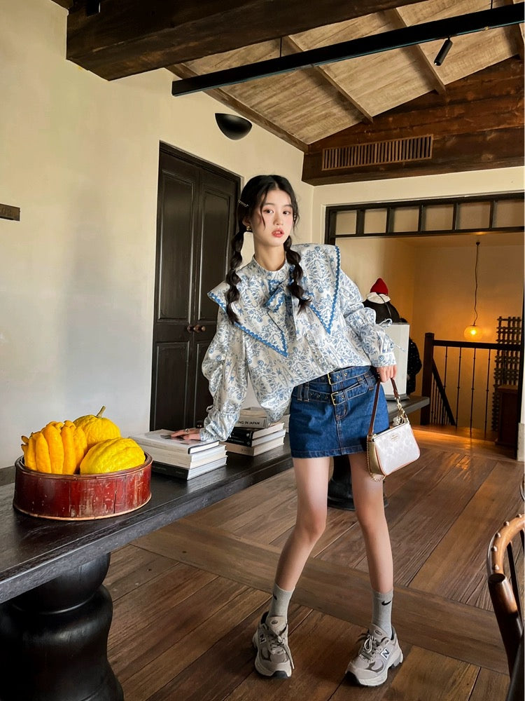Gula Liangpin original "Lily of the Valley Bunny" design niche top doll collar puff sleeve blue shirt for women