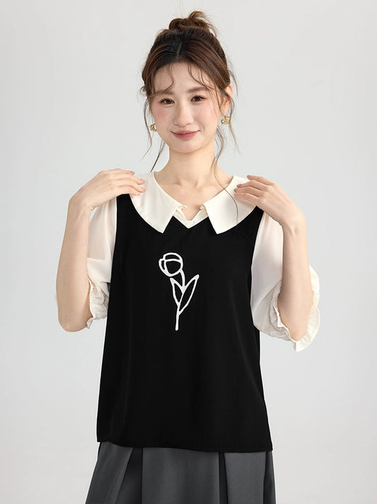 Love Rose Large Size Doll Collar Shirt Fake Two Piece Women's Short Sleeve Fat mm Slim Chic Top Summer 2024 New Style