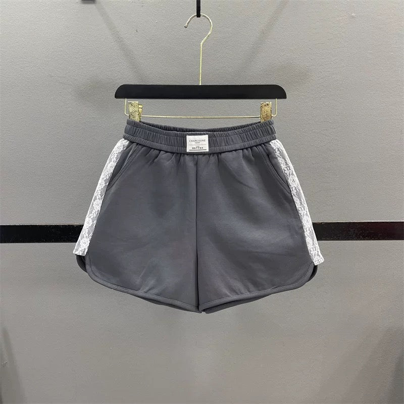 Pink lace splicing sports shorts women 2025 summer new high waist slim A-line wide leg casual pants hot pants