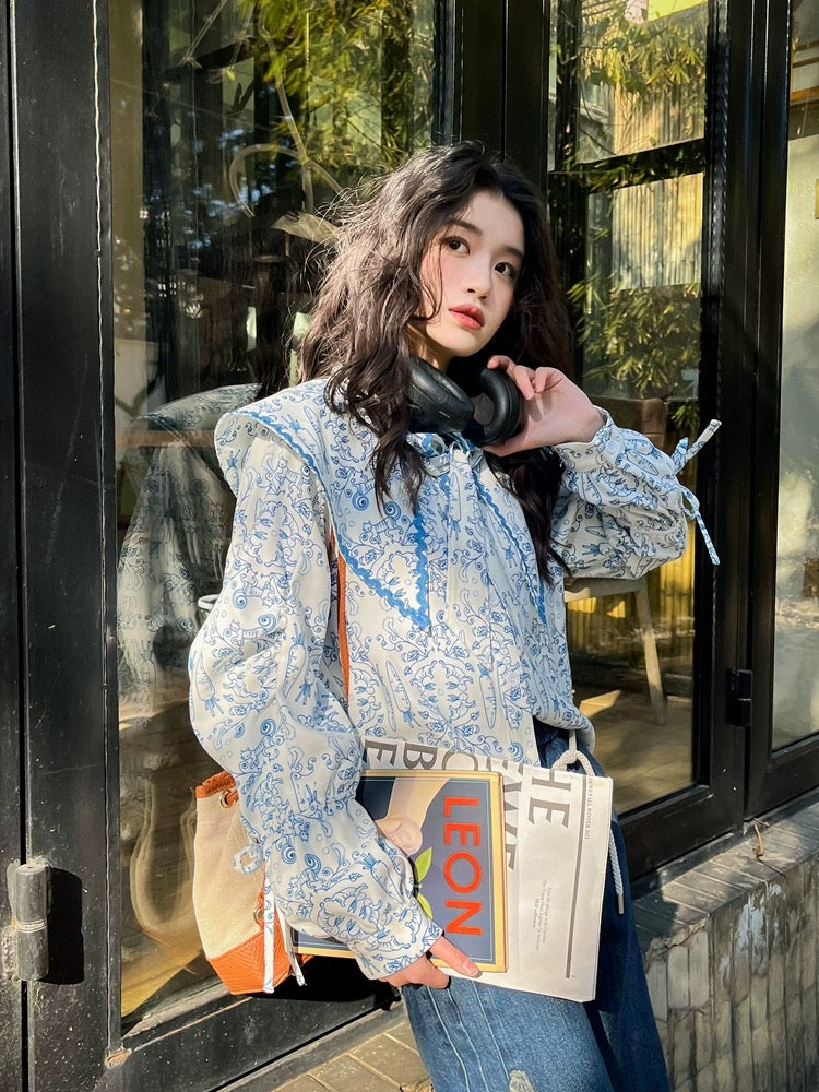 Gula Liangpin original "Lily of the Valley Bunny" design niche top doll collar puff sleeve blue shirt for women