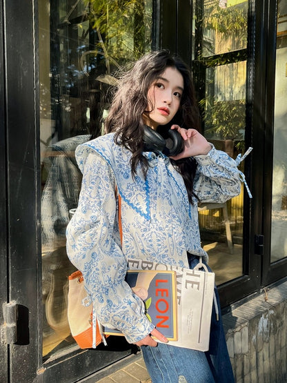 Gula Liangpin original "Lily of the Valley Bunny" design niche top doll collar puff sleeve blue shirt for women
