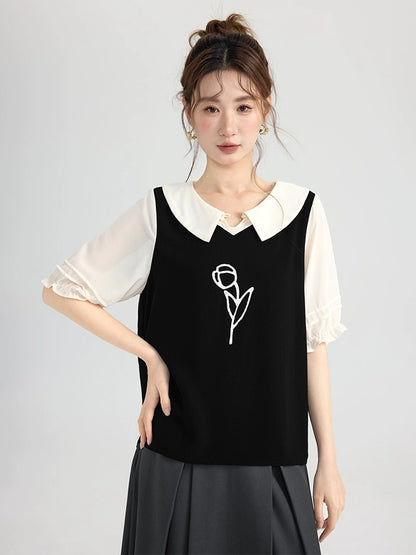 Love Rose Large Size Doll Collar Shirt Fake Two Piece Women's Short Sleeve Fat mm Slim Chic Top Summer 2024 New Style