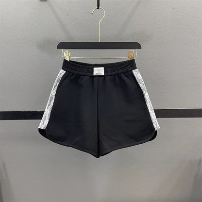 Pink lace splicing sports shorts women 2025 summer new high waist slim A-line wide leg casual pants hot pants