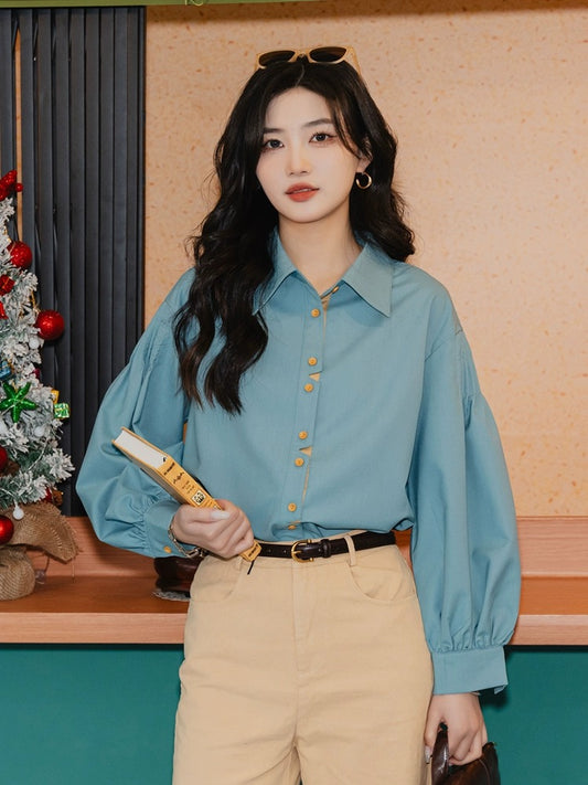 Chen Jiajie [Matcha Milk] Hong Kong style retro spring long-sleeved shirt women's loose slimming top 2024 new style