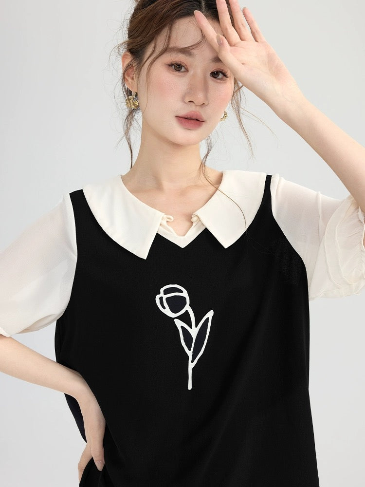Love Rose Large Size Doll Collar Shirt Fake Two Piece Women's Short Sleeve Fat mm Slim Chic Top Summer 2024 New Style