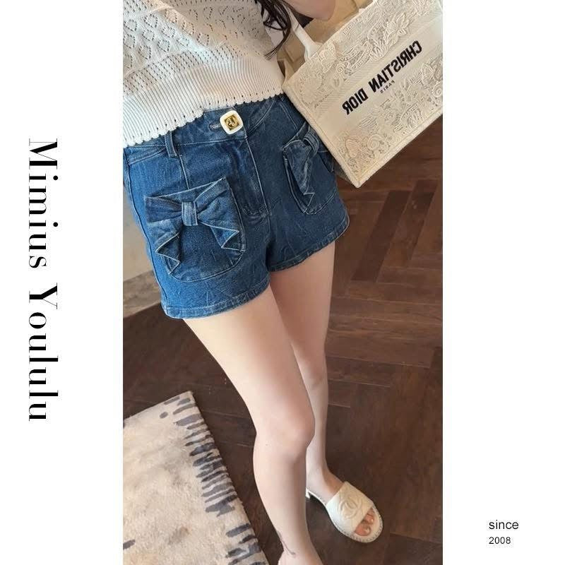 [mimius] Yoululu Design bow exquisite pocket fashion casual high waist denim shorts
