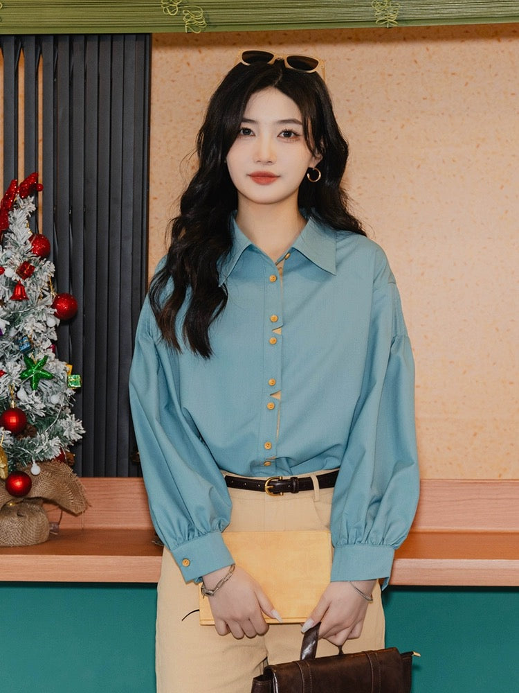 Chen Jiajie [Matcha Milk] Hong Kong style retro spring long-sleeved shirt women's loose slimming top 2024 new style