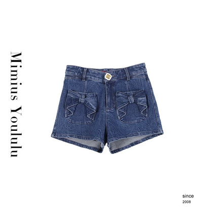 [mimius] Yoululu Design bow exquisite pocket fashion casual high waist denim shorts