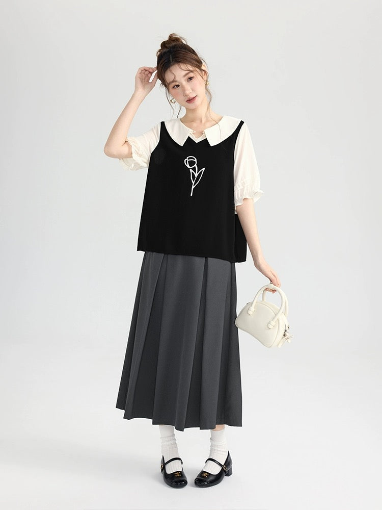 Love Rose Large Size Doll Collar Shirt Fake Two Piece Women's Short Sleeve Fat mm Slim Chic Top Summer 2024 New Style