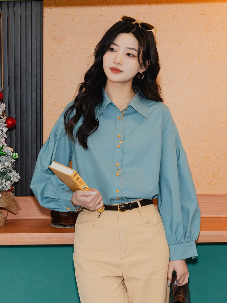 Chen Jiajie [Matcha Milk] Hong Kong style retro spring long-sleeved shirt women's loose slimming top 2024 new style