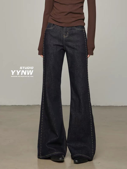 Women's Summer 2026 New Arrival: American Retro-Style Loose-Fit Bootcut Jeans in Denim Blue—Flattering, Slimming, and Floor-Length.