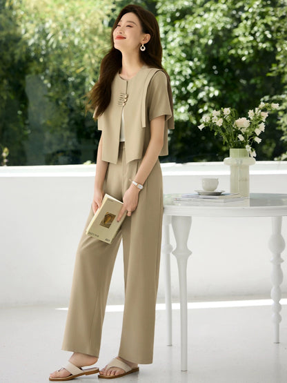 Mohan Yimei's high-end national style buckle design short-sleeved suit 2024 summer new workplace commuting style suit
