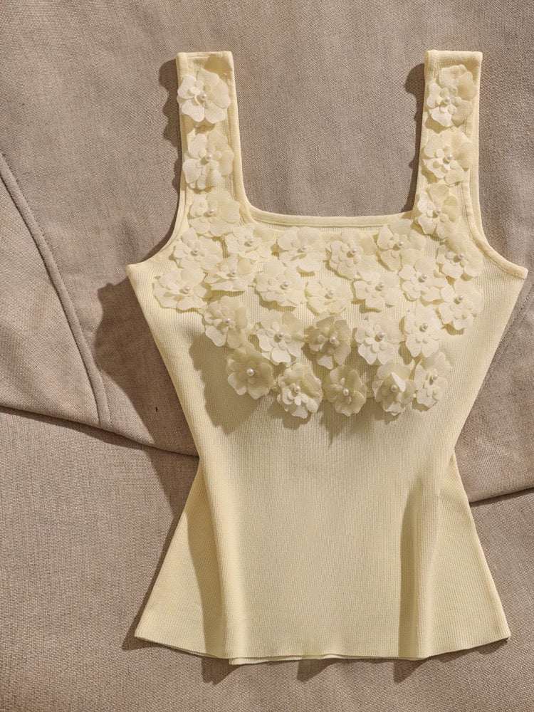 French pure desire style three-dimensional flower camisole vest for women short style slimming outer wear small sleeveless top trendy