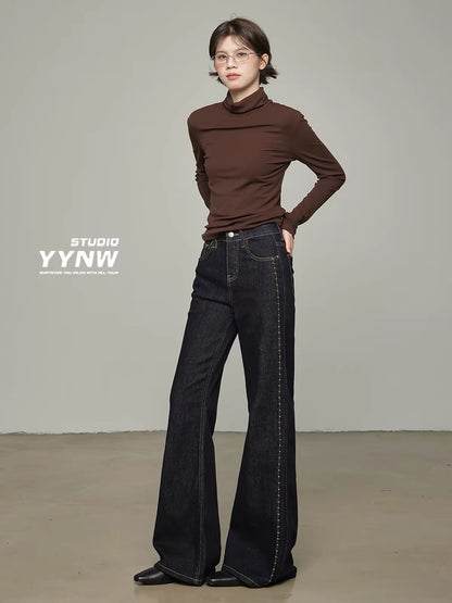 Women's Summer 2026 New Arrival: American Retro-Style Loose-Fit Bootcut Jeans in Denim Blue—Flattering, Slimming, and Floor-Length.