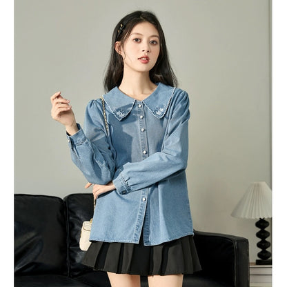 Tangshi 2024 early spring new denim shirt thin design niche shirt jacket female doll collar long sleeve