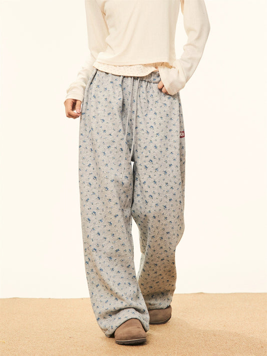 MAIKAO American retro small floral plus velvet wide-leg pants for women in winter, loose straight casual pants for small people